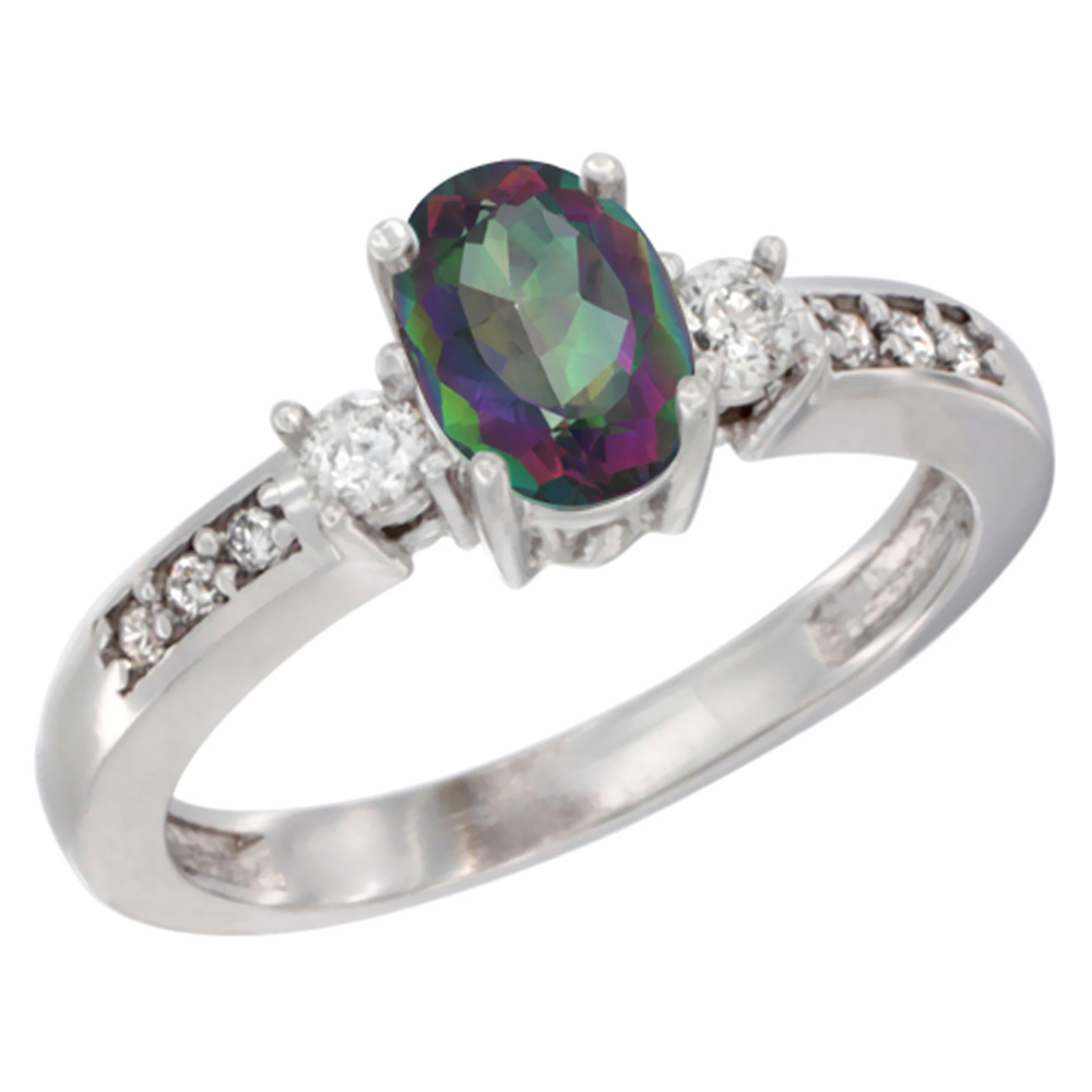 14K White Gold Diamond Natural Mystic Topaz Engagement Ring Oval 7x5 mm, sizes 5 - 10