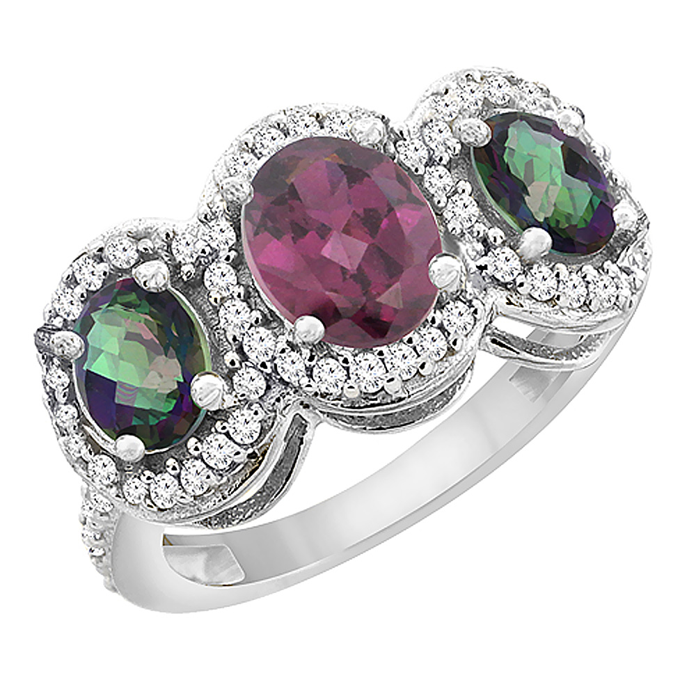 14K White Gold Natural Rhodolite &amp; Mystic Topaz 3-Stone Ring Oval Diamond Accent, sizes 5 - 10