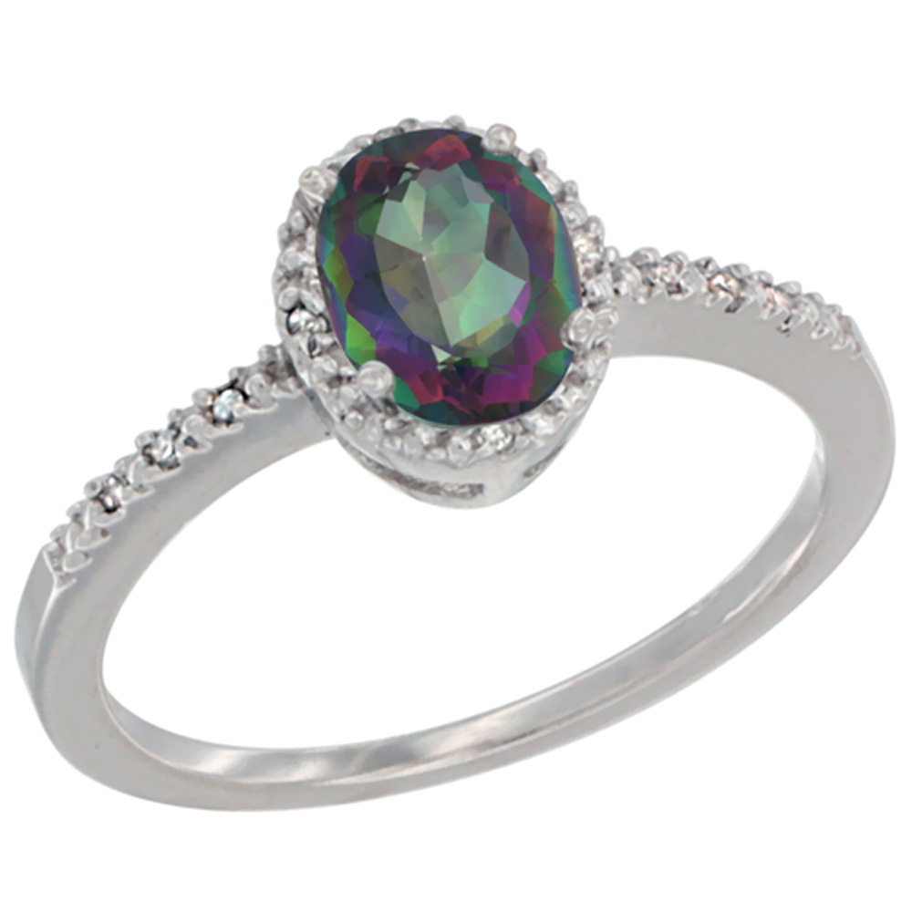 14K White Gold Diamond Natural Mystic Topaz Engagement Ring Oval 7x5 mm, sizes 5 - 10