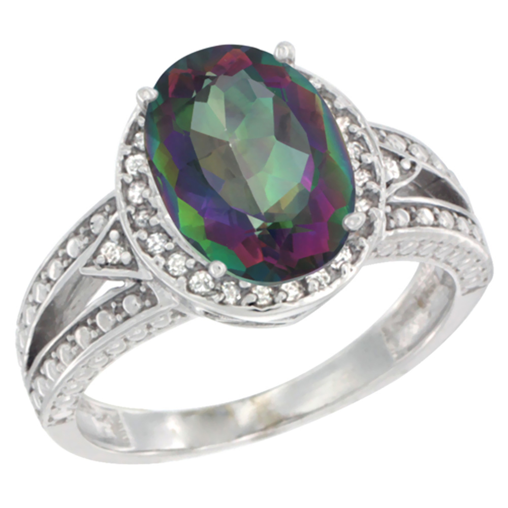 10k White Gold Natural Mystic Topaz Ring Oval 9x7 mm Diamond Halo, sizes 5 - 10