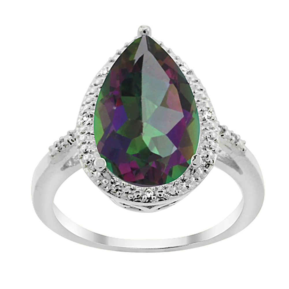 10K White Gold Natural Mystic Topaz Ring Pear Shape 10x15 mm Diamond Accent, sizes 5 - 10