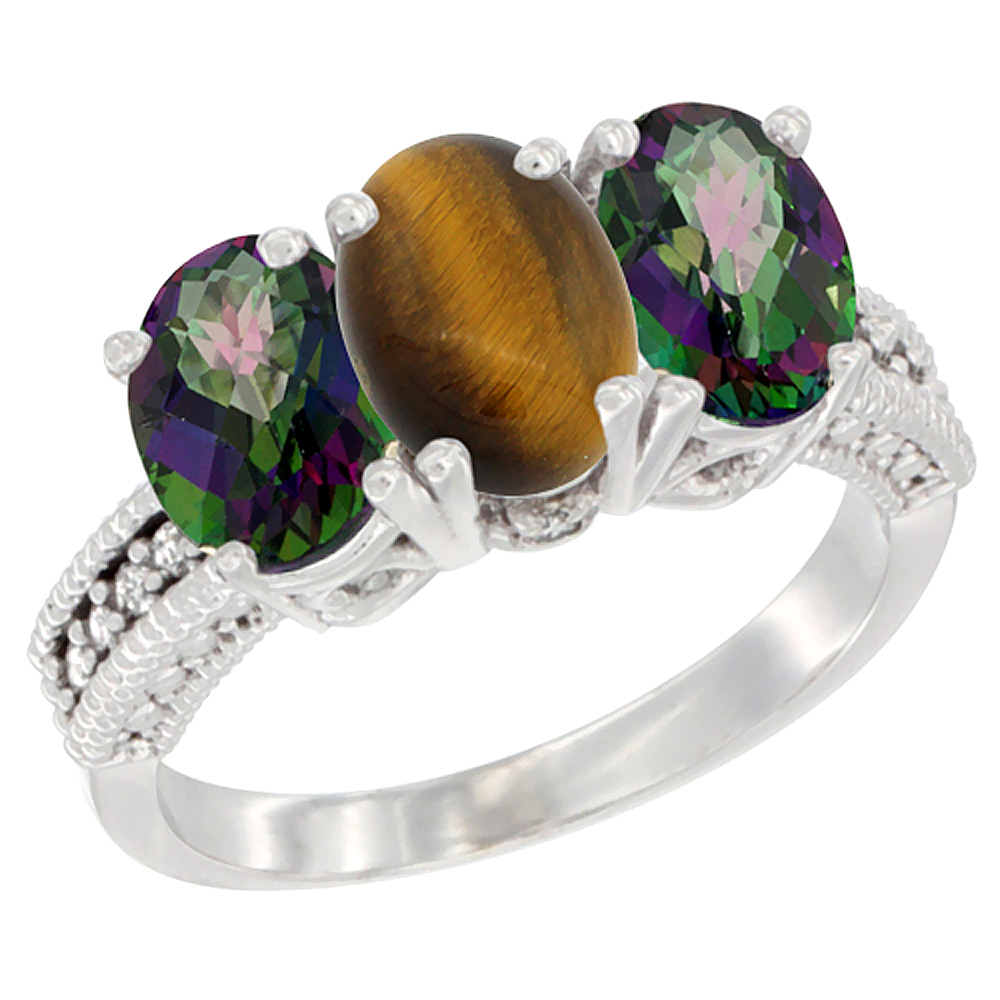 14K White Gold Natural Tiger Eye & Mystic Topaz Sides Ring 3-Stone 7x5 mm Oval Diamond Accent, sizes 5 - 10