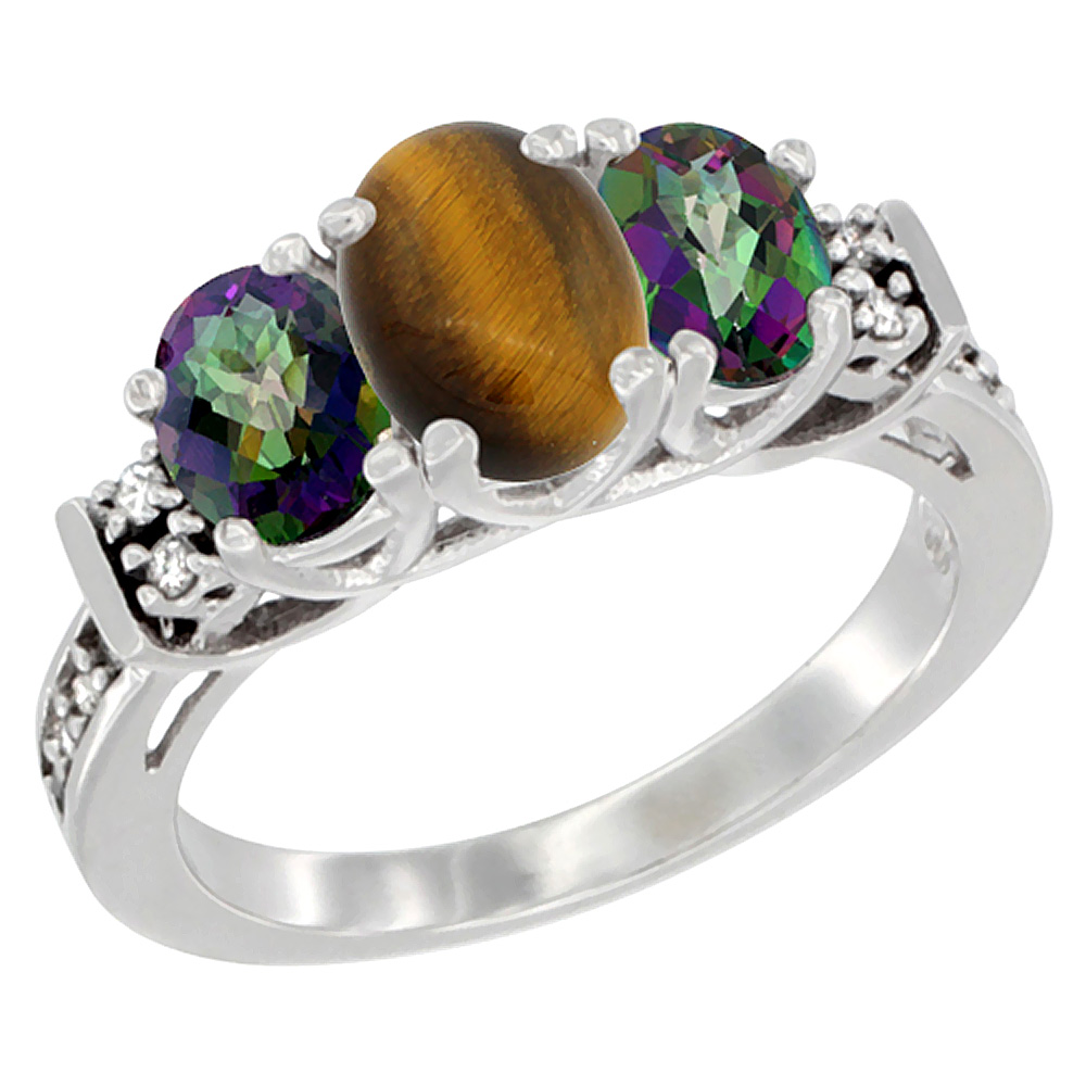 14K White Gold Natural Tiger Eye & Mystic Topaz Ring 3-Stone Oval Diamond Accent, sizes 5-10