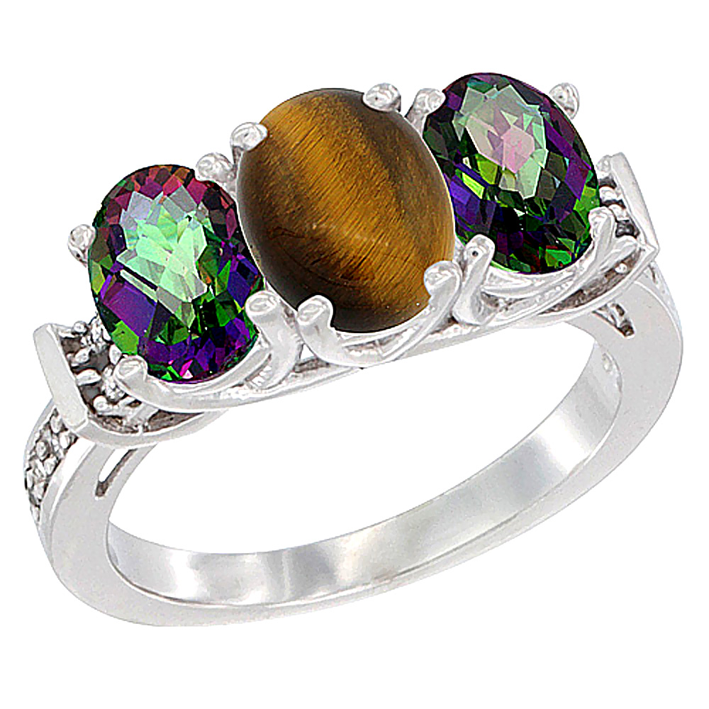 10K White Gold Natural Tiger Eye & Mystic Topaz Sides Ring 3-Stone Oval Diamond Accent, sizes 5 - 10