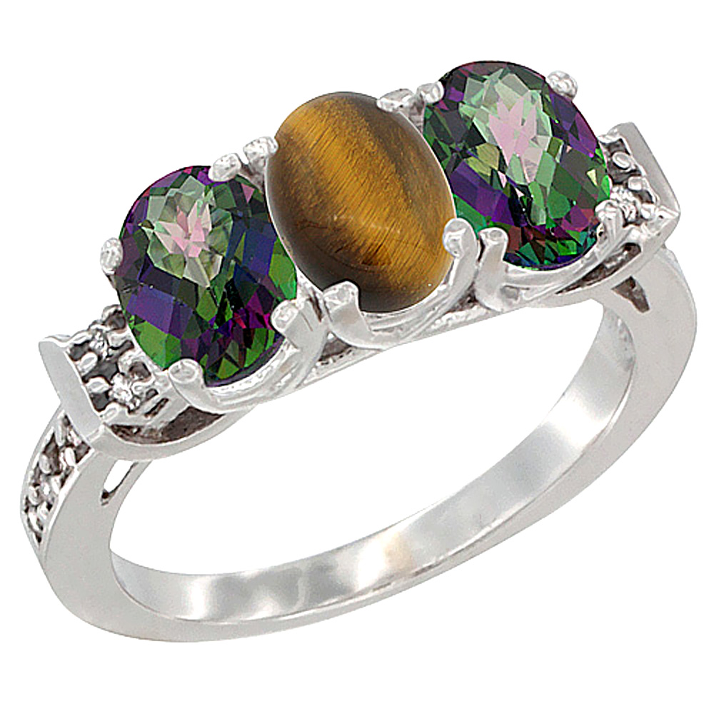 10K White Gold Natural Tiger Eye & Mystic Topaz Sides Ring 3-Stone Oval 7x5 mm Diamond Accent, sizes 5 - 10