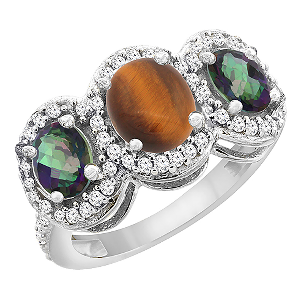 14K White Gold Natural Tiger Eye & Mystic Topaz 3-Stone Ring Oval Diamond Accent, sizes 5 - 10