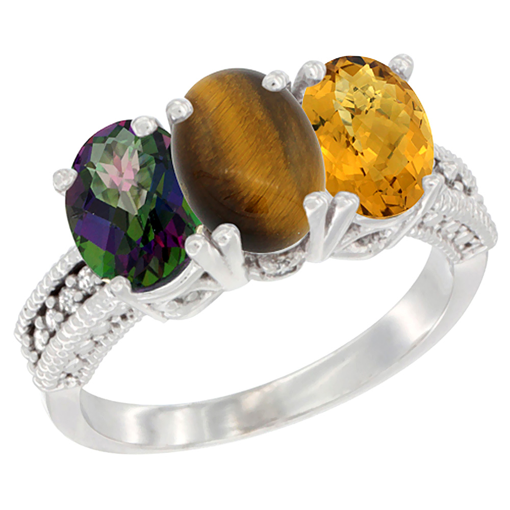 10K White Gold Natural Mystic Topaz, Tiger Eye & Whisky Quartz Ring 3-Stone Oval 7x5 mm Diamond Accent, sizes 5 - 10