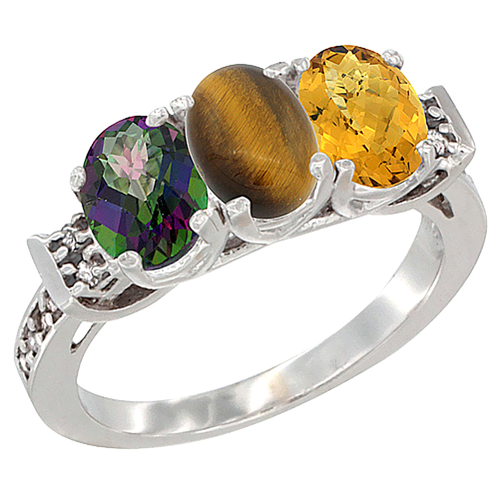 10K White Gold Natural Mystic Topaz, Tiger Eye & Whisky Quartz Ring 3-Stone Oval 7x5 mm Diamond Accent, sizes 5 - 10