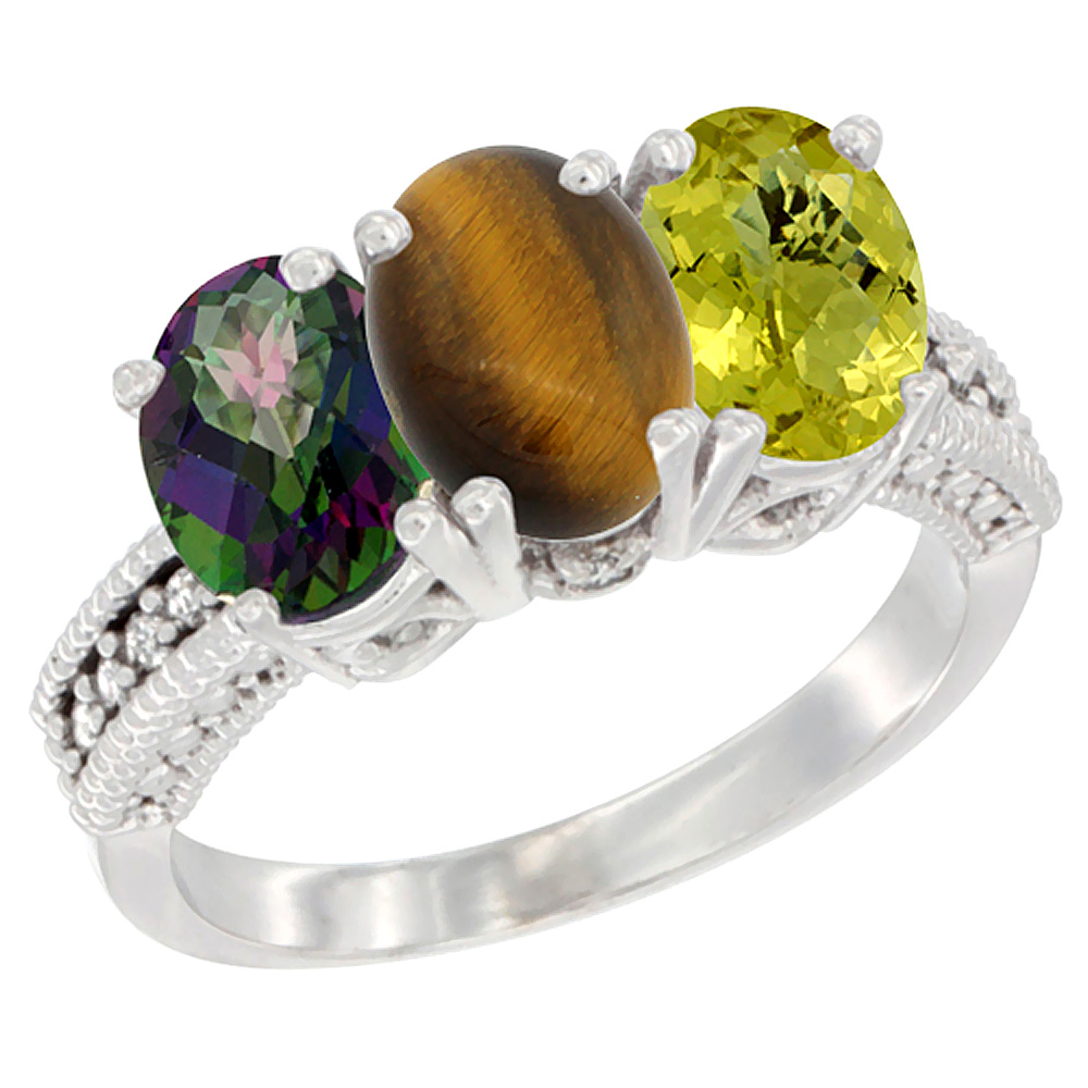 14K White Gold Natural Mystic Topaz, Tiger Eye &amp; Lemon Quartz Ring 3-Stone 7x5 mm Oval Diamond Accent, sizes 5 - 10