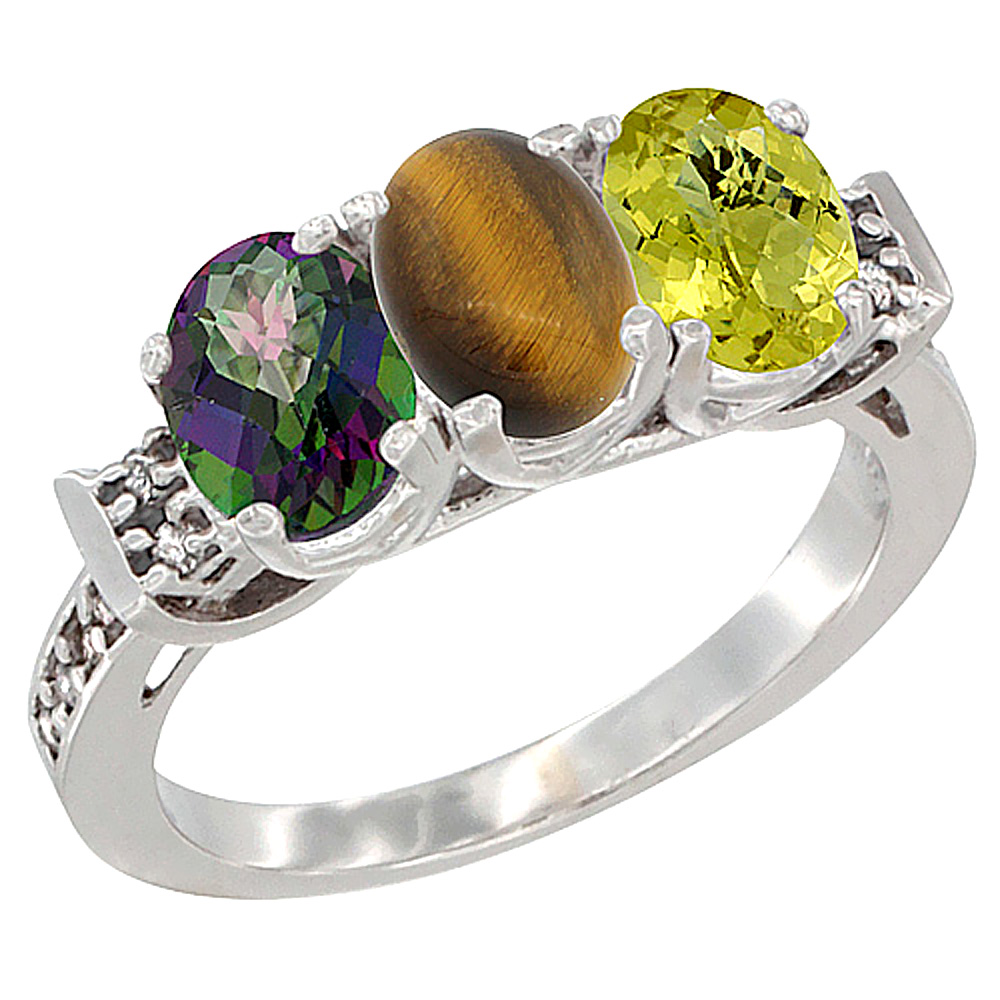 14K White Gold Natural Mystic Topaz, Tiger Eye & Lemon Quartz Ring 3-Stone 7x5 mm Oval Diamond Accent, sizes 5 - 10