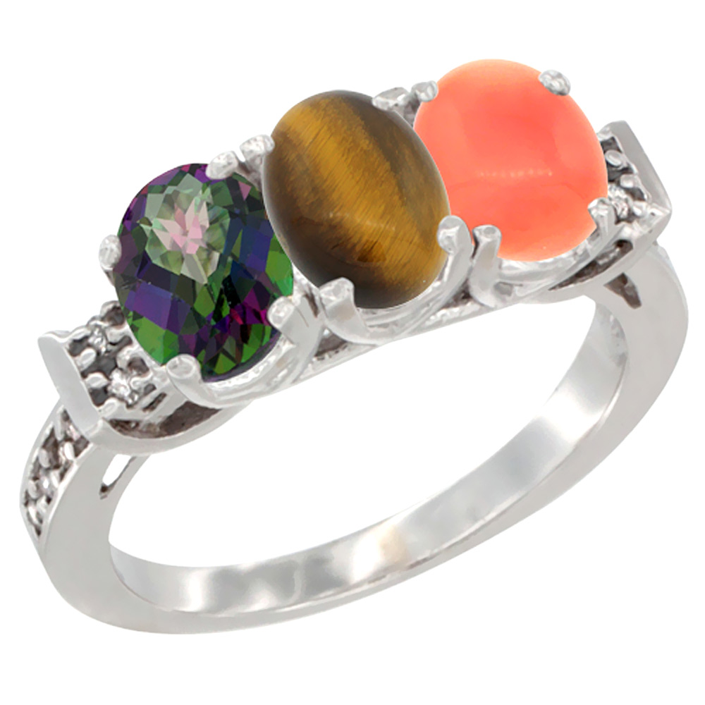 14K White Gold Natural Mystic Topaz, Tiger Eye & Coral Ring 3-Stone 7x5 mm Oval Diamond Accent, sizes 5 - 10