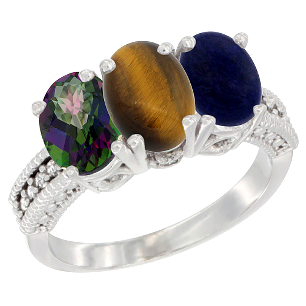 14K White Gold Natural Mystic Topaz, Tiger Eye &amp; Lapis Ring 3-Stone 7x5 mm Oval Diamond Accent, sizes 5 - 10