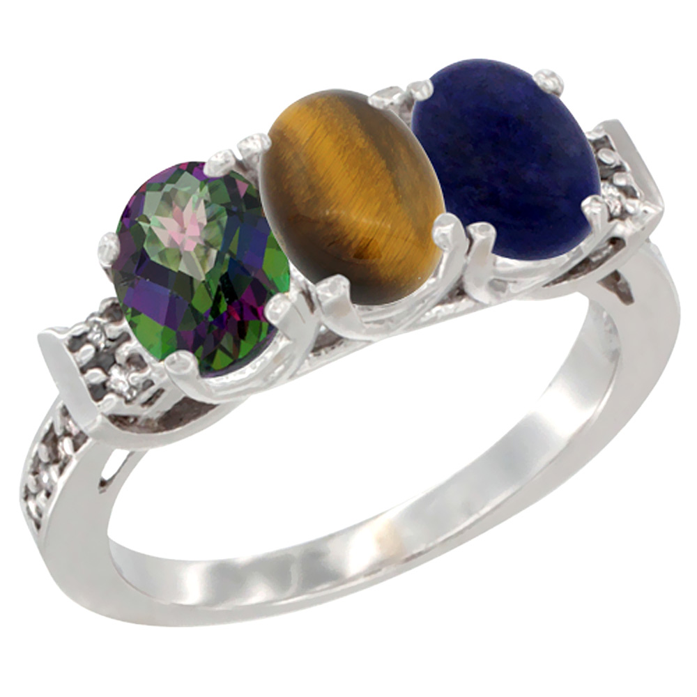 10K White Gold Natural Mystic Topaz, Tiger Eye & Lapis Ring 3-Stone Oval 7x5 mm Diamond Accent, sizes 5 - 10