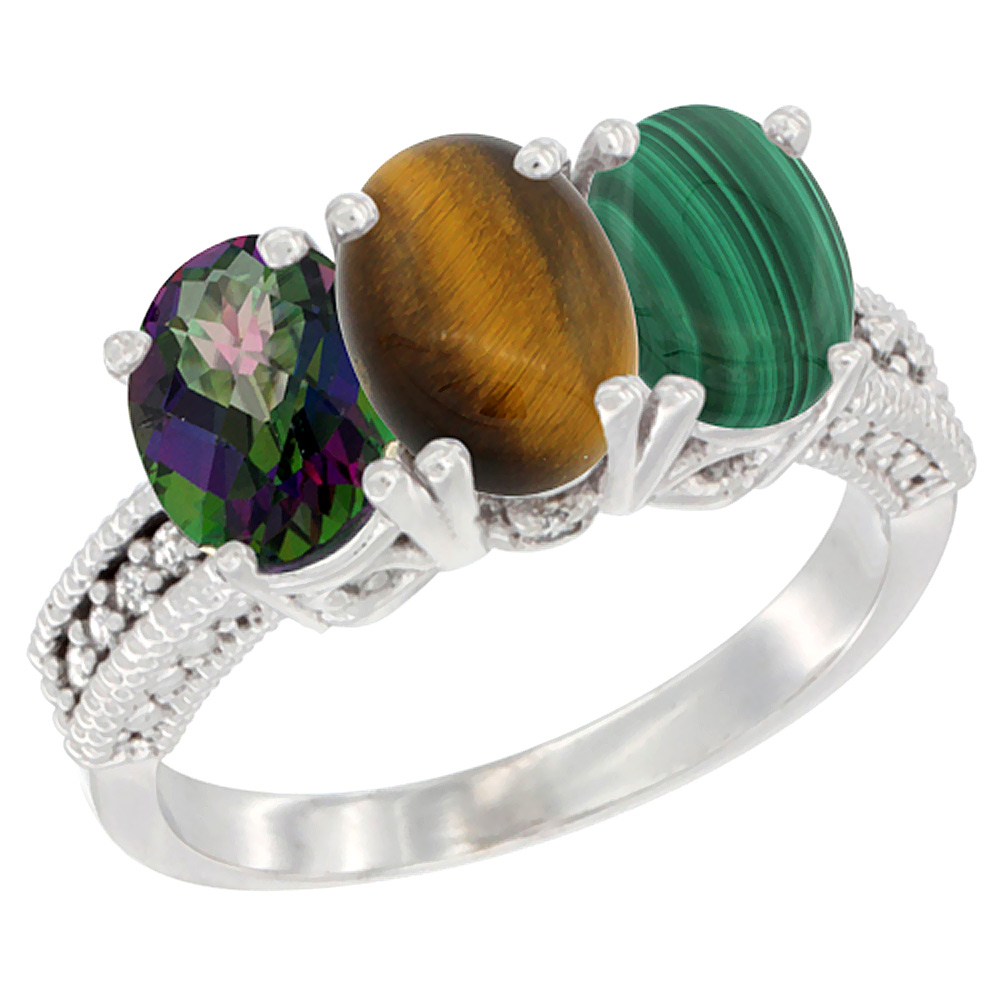 14K White Gold Natural Mystic Topaz, Tiger Eye & Malachite Ring 3-Stone 7x5 mm Oval Diamond Accent, sizes 5 - 10