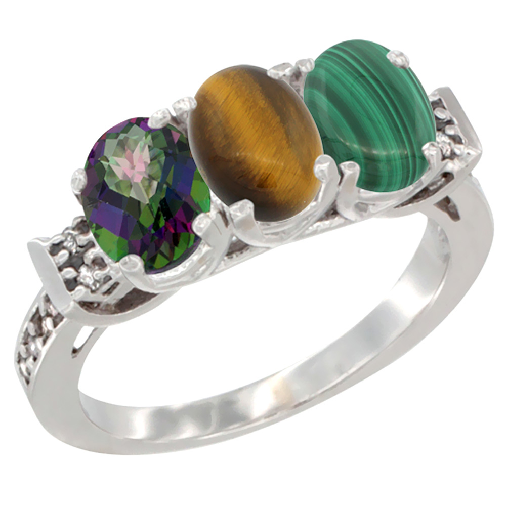 10K White Gold Natural Mystic Topaz, Tiger Eye & Malachite Ring 3-Stone Oval 7x5 mm Diamond Accent, sizes 5 - 10