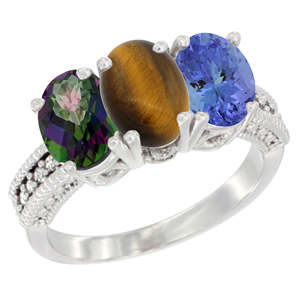 14K White Gold Natural Mystic Topaz, Tiger Eye & Tanzanite Ring 3-Stone 7x5 mm Oval Diamond Accent, sizes 5 - 10