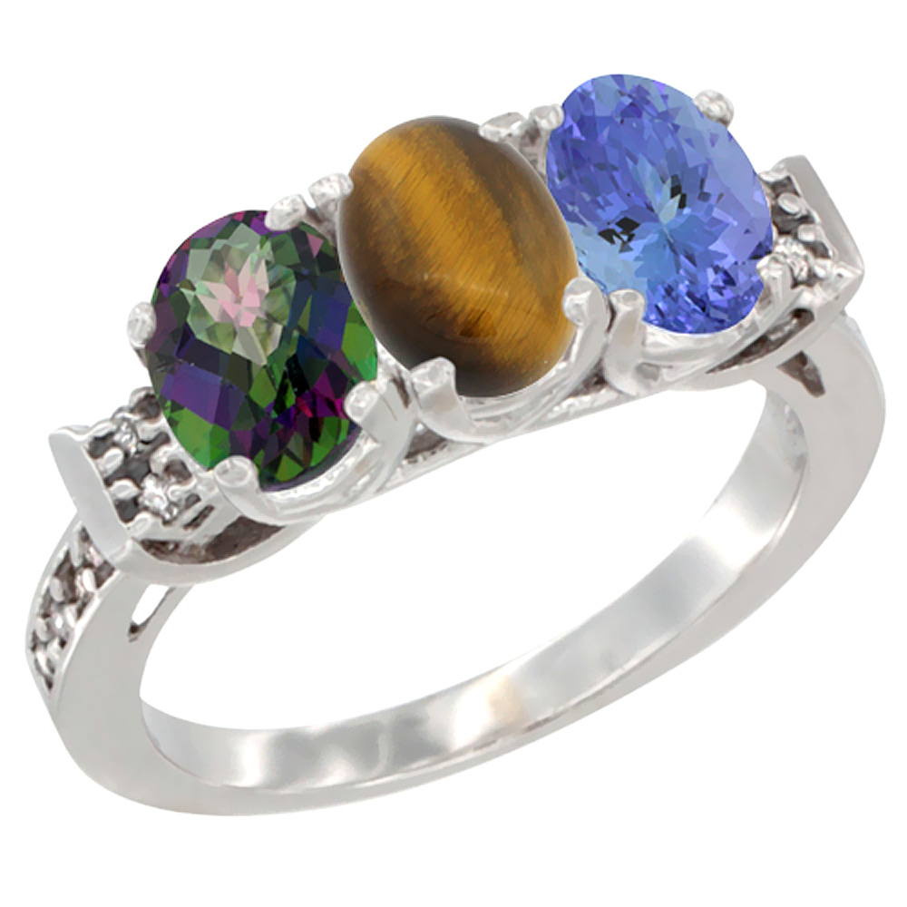 14K White Gold Natural Mystic Topaz, Tiger Eye & Tanzanite Ring 3-Stone 7x5 mm Oval Diamond Accent, sizes 5 - 10