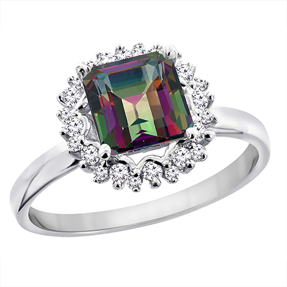 14K White Gold Natural Mystic Topaz Ring Square 6x6 mm Diamond Accents, sizes 5 - 10