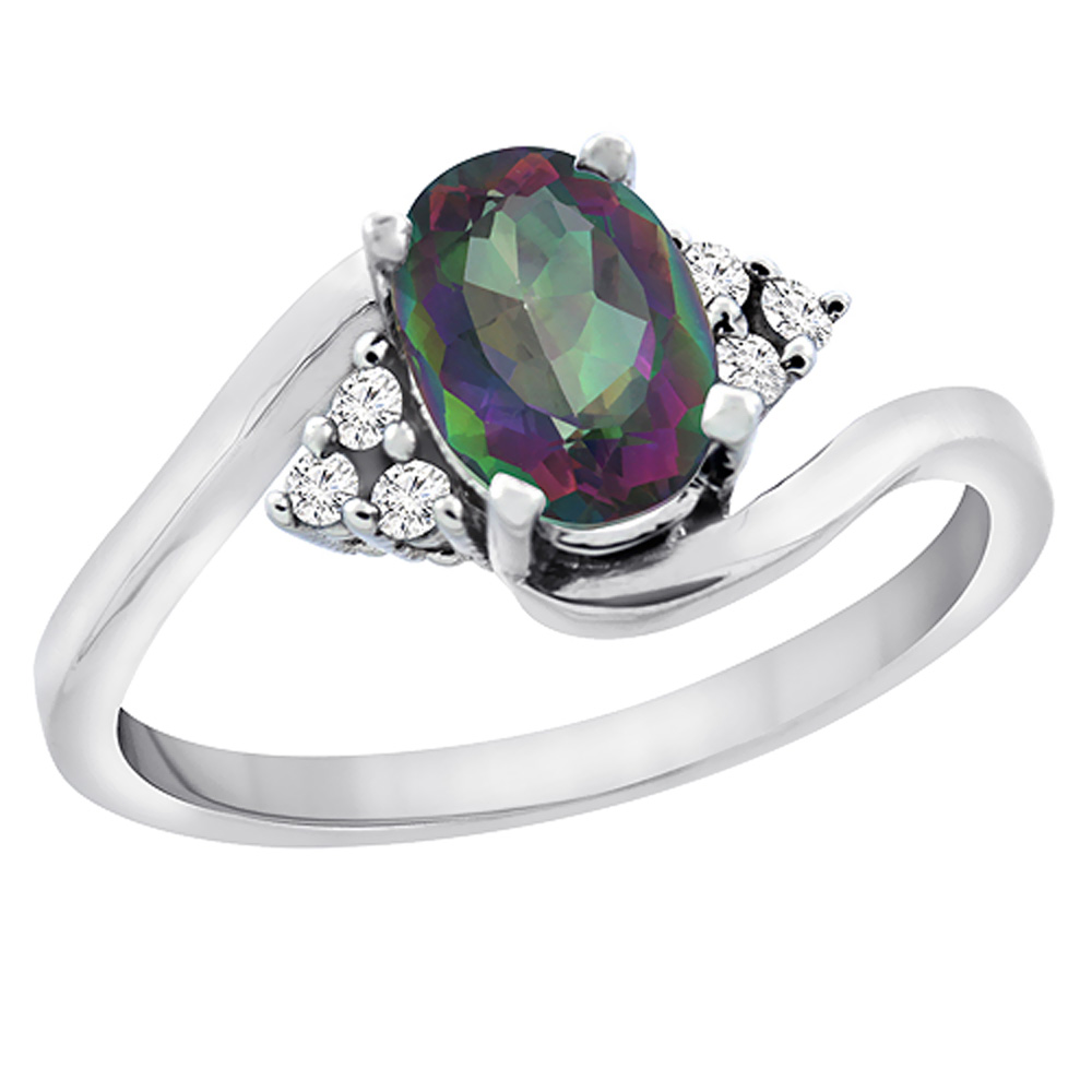 10K White Gold Diamond Natural Mystic Topaz Engagement Ring Oval 7x5mm, sizes 5 - 10