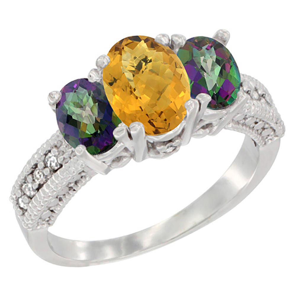 10K White Gold Diamond Natural Whisky Quartz Ring Oval 3-stone with Mystic Topaz, sizes 5 - 10