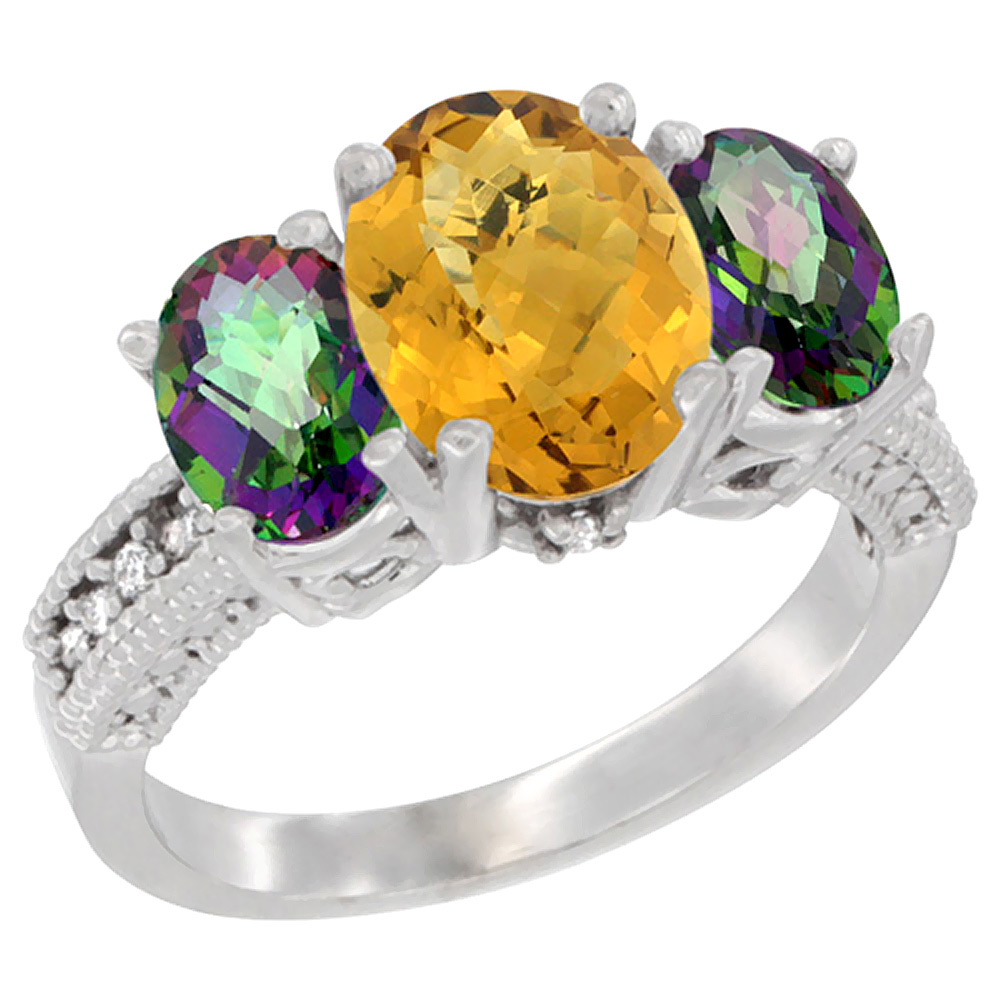 14K White Gold Diamond Natural Whisky Quartz Ring 3-Stone Oval 8x6mm with Mystic Topaz, sizes5-10