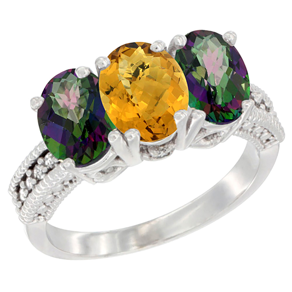 14K White Gold Natural Whisky Quartz &amp; Mystic Topaz Sides Ring 3-Stone 7x5 mm Oval Diamond Accent, sizes 5 - 10