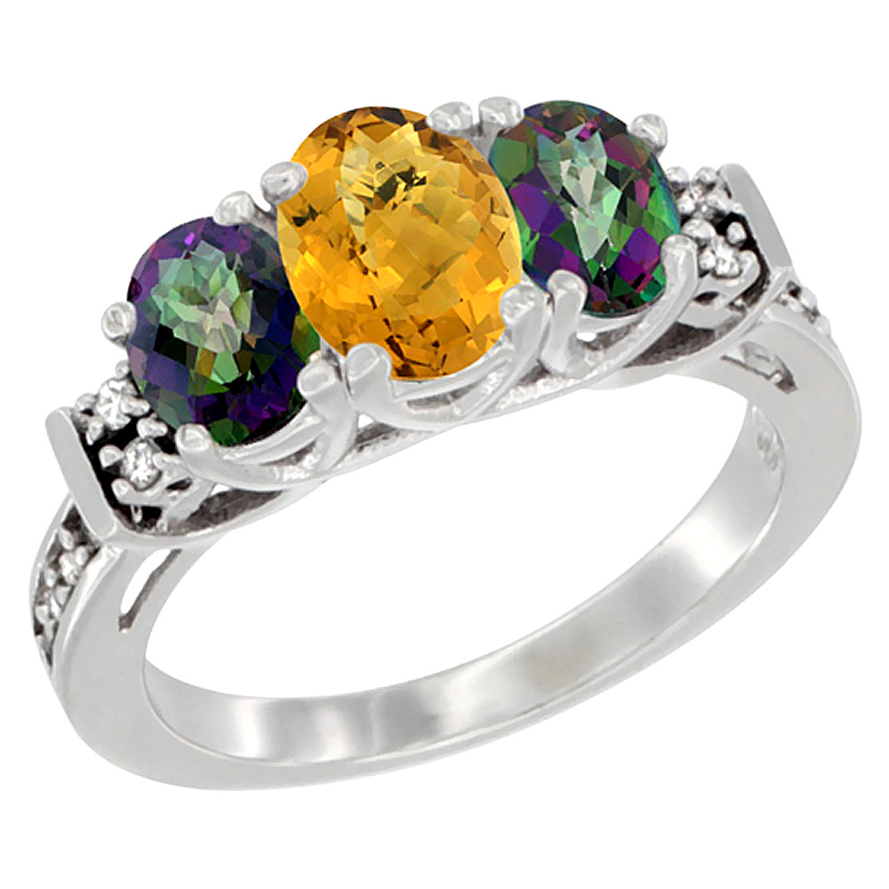 10K White Gold Natural Whisky Quartz & Mystic Topaz Ring 3-Stone Oval Diamond Accent, sizes 5-10