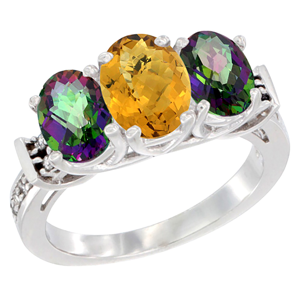 14K White Gold Natural Whisky Quartz & Mystic Topaz Sides Ring 3-Stone Oval Diamond Accent, sizes 5 - 10