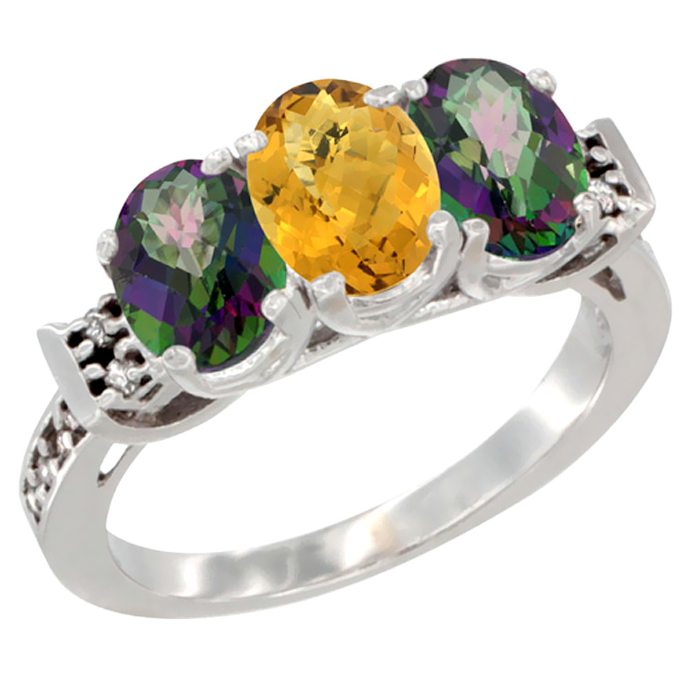 14K White Gold Natural Whisky Quartz & Mystic Topaz Sides Ring 3-Stone 7x5 mm Oval Diamond Accent, sizes 5 - 10