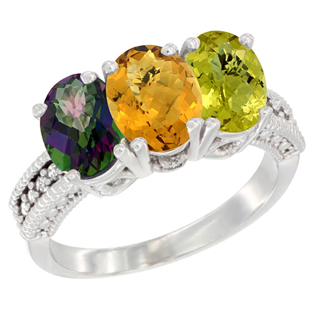 14K White Gold Natural Mystic Topaz, Whisky Quartz &amp; Lemon Quartz Ring 3-Stone 7x5 mm Oval Diamond Accent, sizes 5 - 10