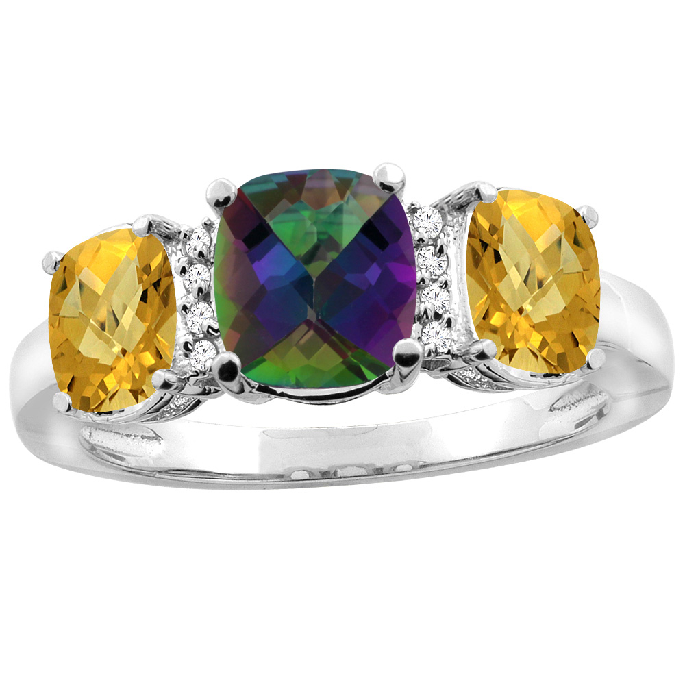 14K White Gold Natural Mystic Topaz & Whisky Quartz 3-stone Ring Cushion 8x6mm Diamond Accent, sizes 5 - 10