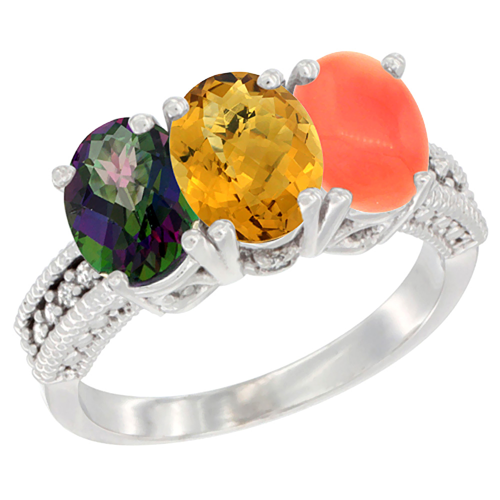 14K White Gold Natural Mystic Topaz, Whisky Quartz &amp; Coral Ring 3-Stone 7x5 mm Oval Diamond Accent, sizes 5 - 10