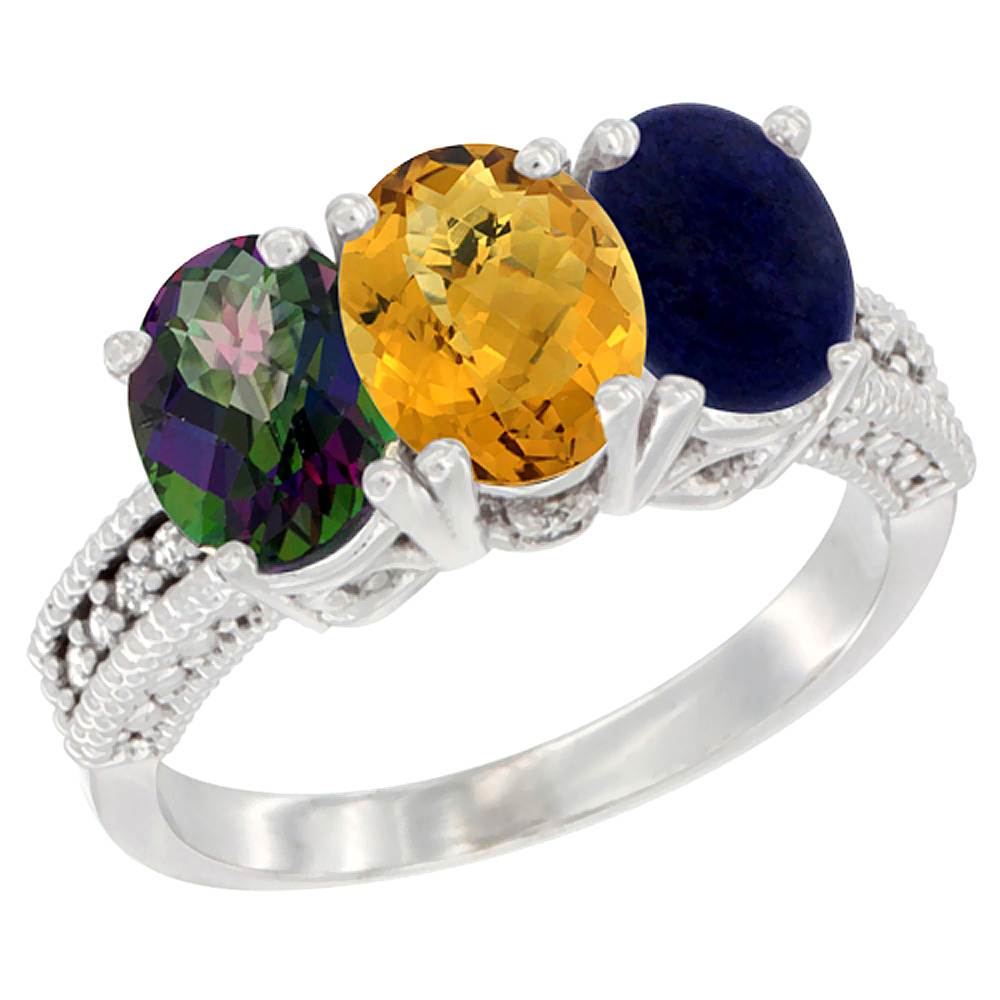 14K White Gold Natural Mystic Topaz, Whisky Quartz &amp; Lapis Ring 3-Stone 7x5 mm Oval Diamond Accent, sizes 5 - 10