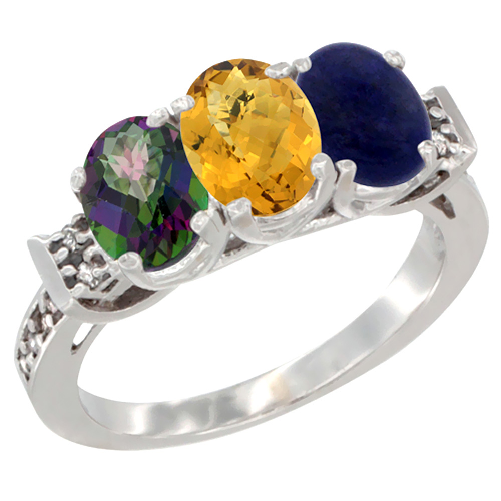 10K White Gold Natural Mystic Topaz, Whisky Quartz & Lapis Ring 3-Stone Oval 7x5 mm Diamond Accent, sizes 5 - 10