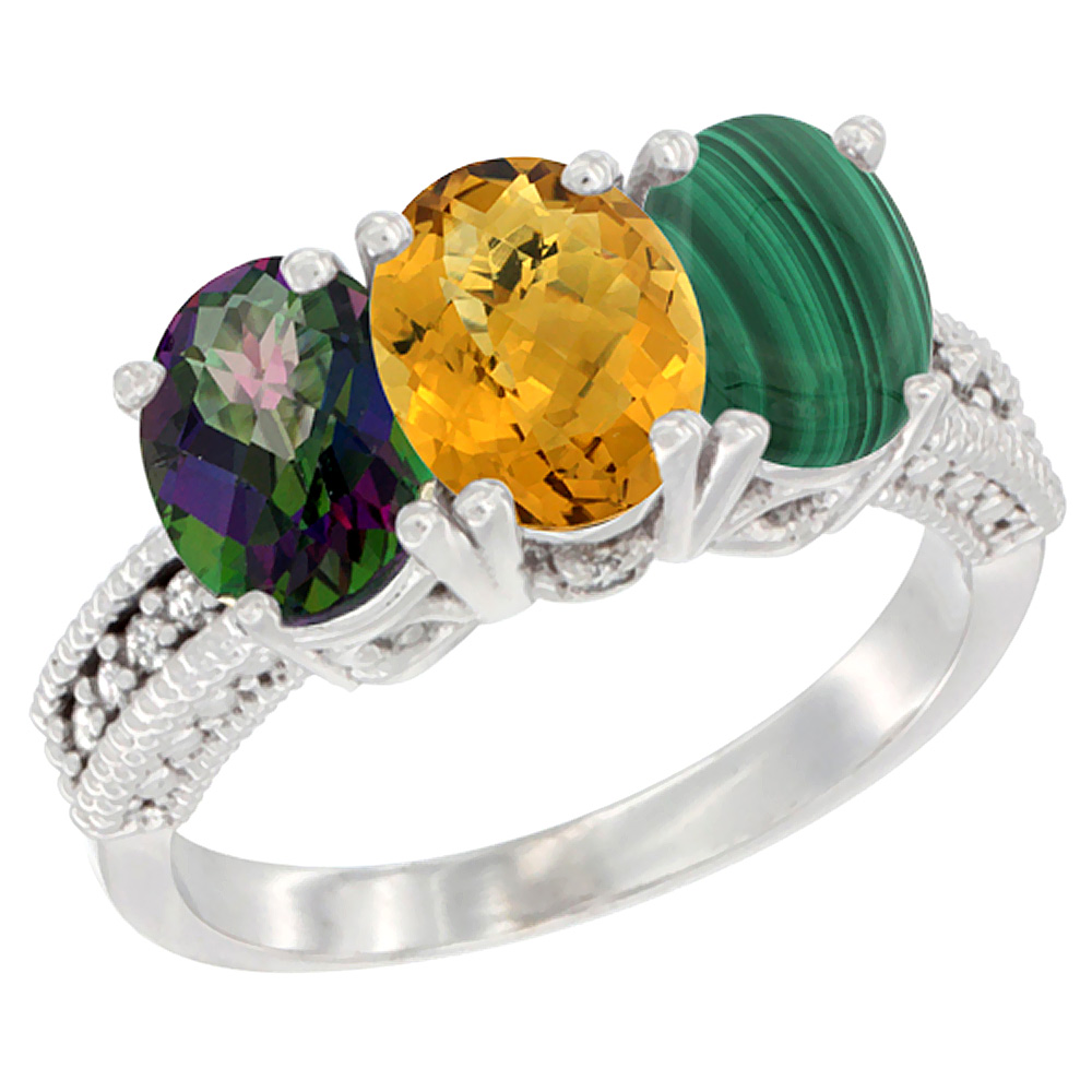 14K White Gold Natural Mystic Topaz, Whisky Quartz & Malachite Ring 3-Stone 7x5 mm Oval Diamond Accent, sizes 5 - 10