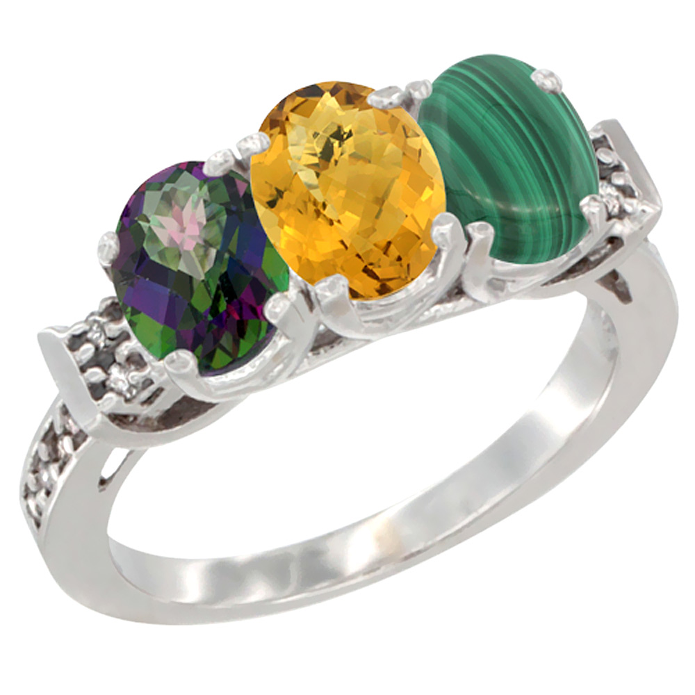 14K White Gold Natural Mystic Topaz, Whisky Quartz & Malachite Ring 3-Stone 7x5 mm Oval Diamond Accent, sizes 5 - 10