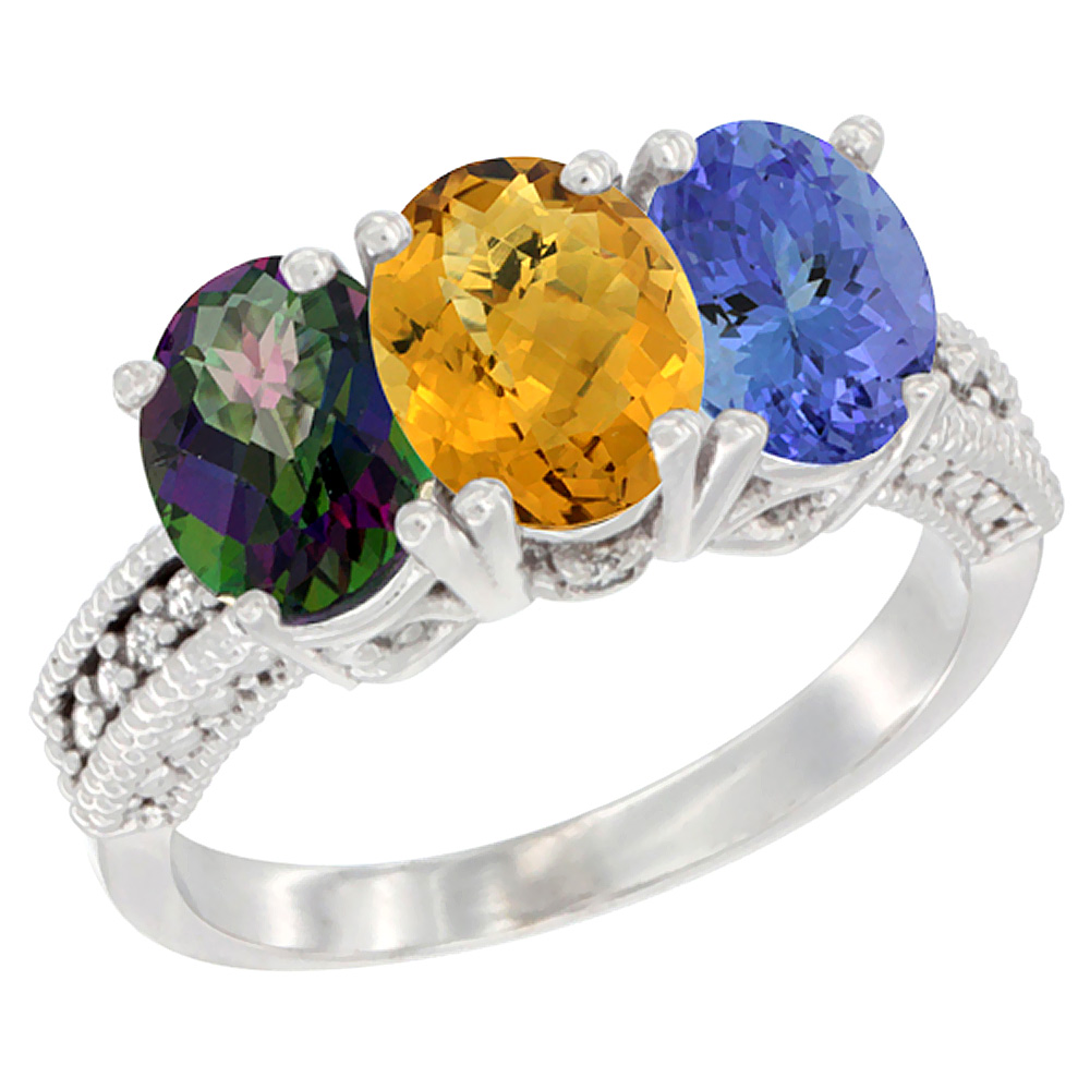 14K White Gold Natural Mystic Topaz, Whisky Quartz & Tanzanite Ring 3-Stone 7x5 mm Oval Diamond Accent, sizes 5 - 10