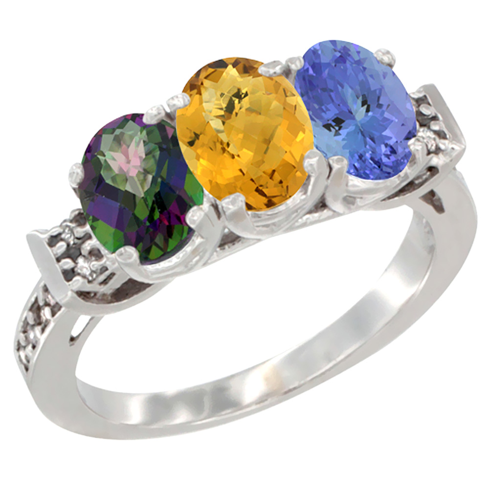 14K White Gold Natural Mystic Topaz, Whisky Quartz & Tanzanite Ring 3-Stone 7x5 mm Oval Diamond Accent, sizes 5 - 10