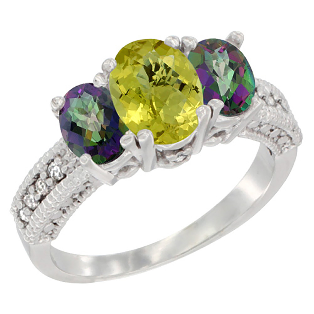 14K White Gold Diamond Natural Lemon Quartz Ring Oval 3-stone with Mystic Topaz, sizes 5 - 10