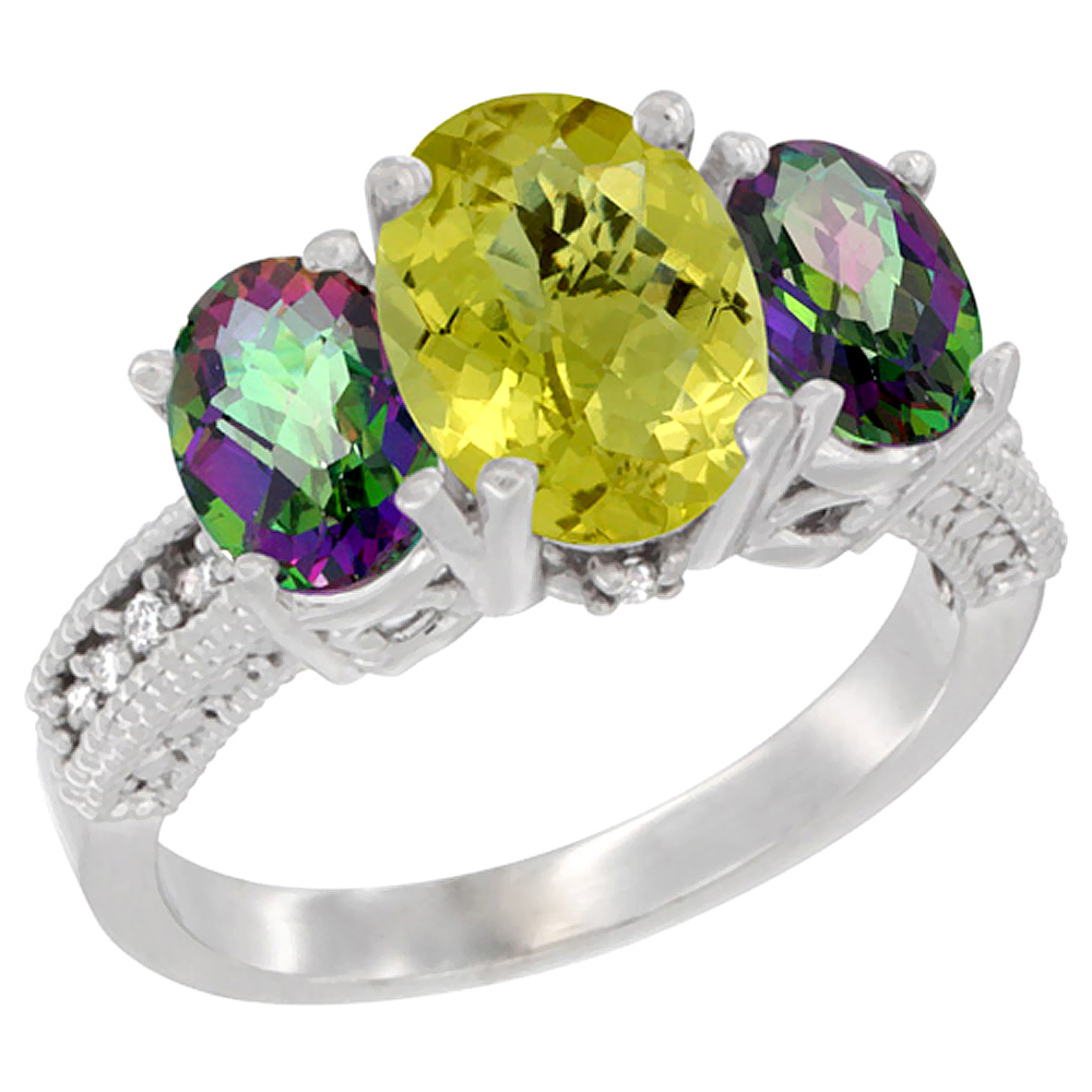 10K White Gold Diamond Natural Lemon Quartz Ring 3-Stone Oval 8x6mm with Mystic Topaz, sizes5-10