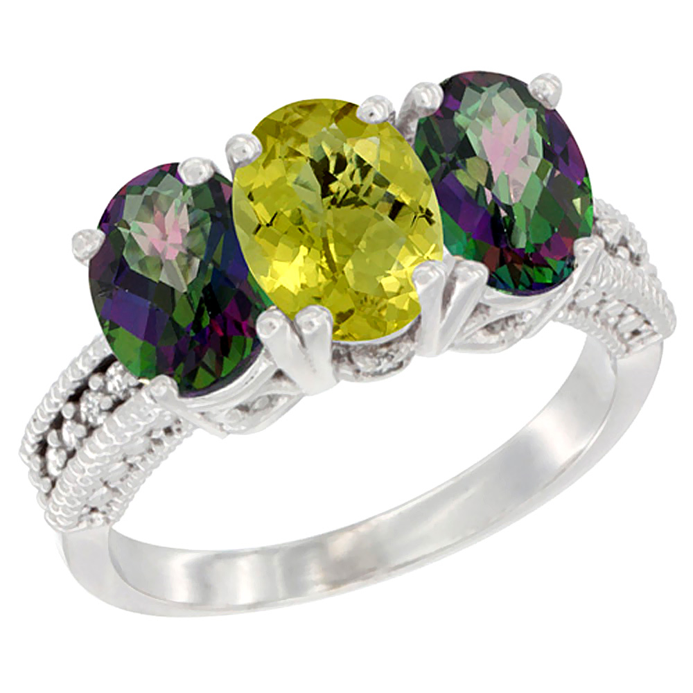 14K White Gold Natural Lemon Quartz & Mystic Topaz Sides Ring 3-Stone 7x5 mm Oval Diamond Accent, sizes 5 - 10