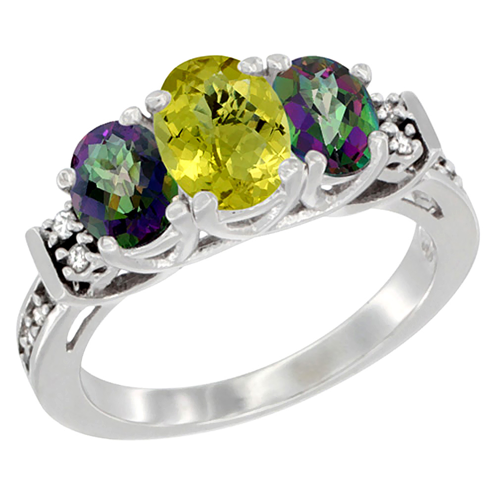 14K White Gold Natural Lemon Quartz & Mystic Topaz Ring 3-Stone Oval Diamond Accent, sizes 5-10