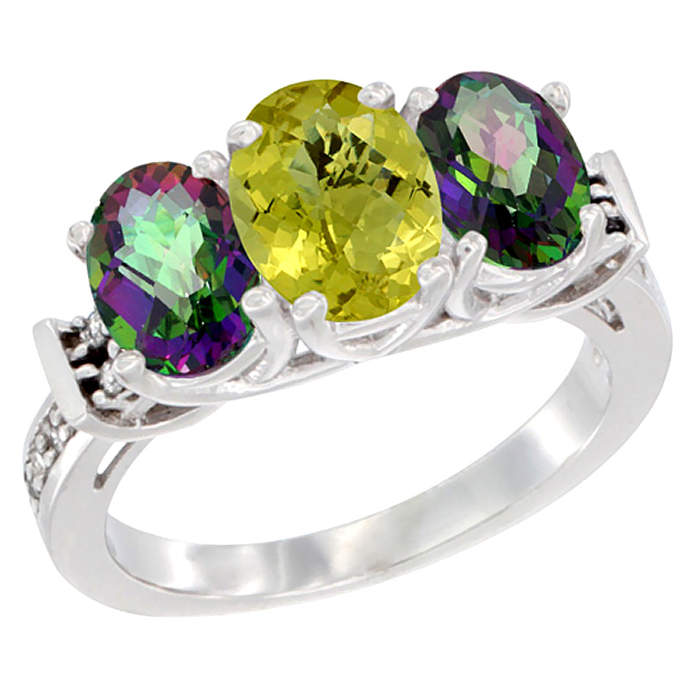 14K White Gold Natural Lemon Quartz &amp; Mystic Topaz Sides Ring 3-Stone Oval Diamond Accent, sizes 5 - 10