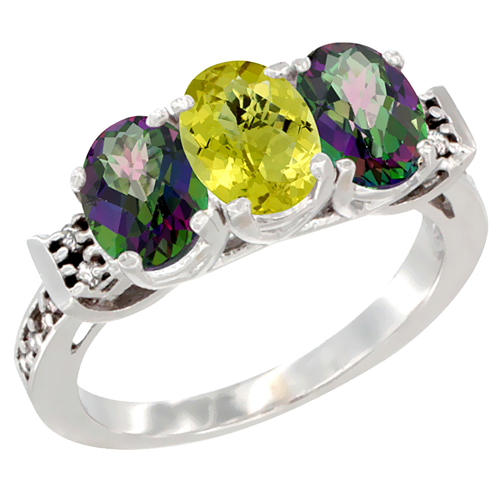 14K White Gold Natural Lemon Quartz & Mystic Topaz Sides Ring 3-Stone 7x5 mm Oval Diamond Accent, sizes 5 - 10