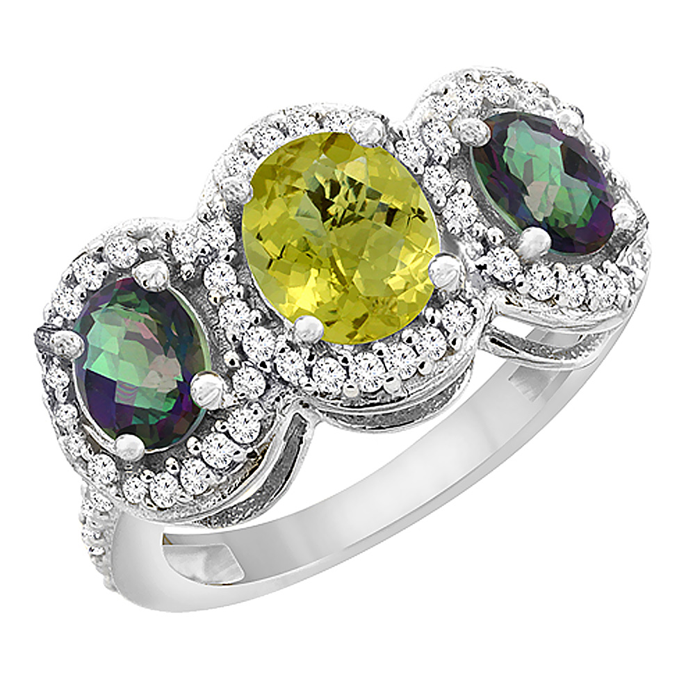 10K White Gold Natural Lemon Quartz &amp; Mystic Topaz 3-Stone Ring Oval Diamond Accent, sizes 5 - 10