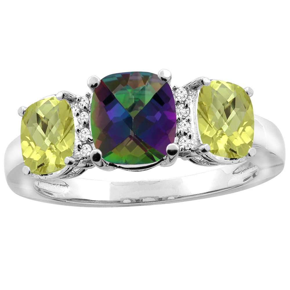 14K White Gold Natural Mystic Topaz & Lemon Quartz 3-stone Ring Cushion 8x6mm Diamond Accent, sizes 5 - 10