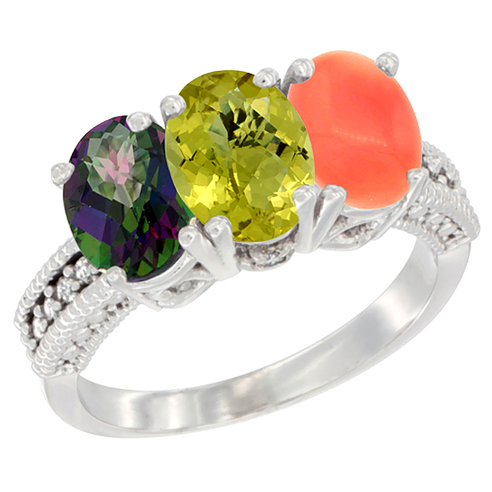 14K White Gold Natural Mystic Topaz, Lemon Quartz & Coral Ring 3-Stone 7x5 mm Oval Diamond Accent, sizes 5 - 10