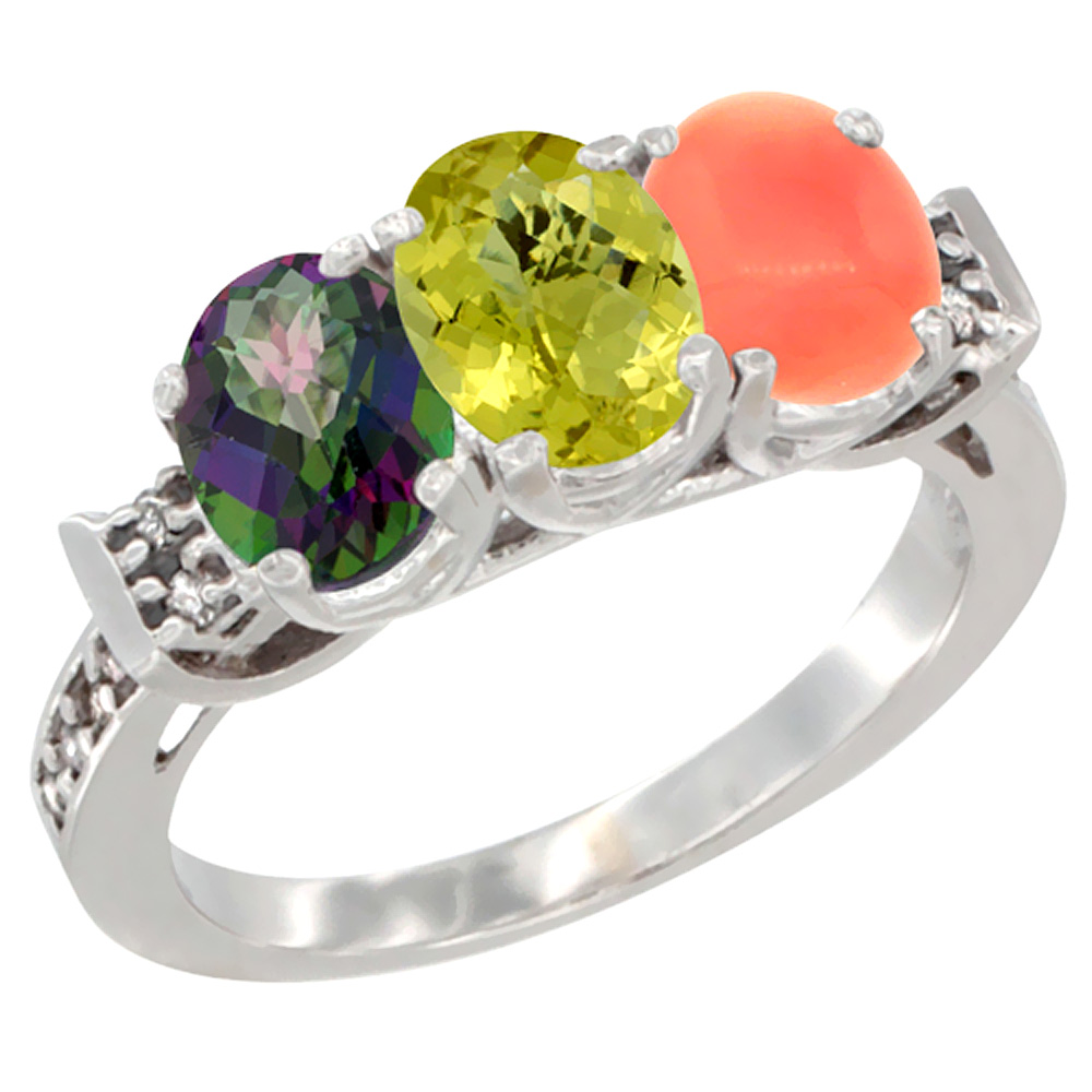 14K White Gold Natural Mystic Topaz, Lemon Quartz & Coral Ring 3-Stone 7x5 mm Oval Diamond Accent, sizes 5 - 10