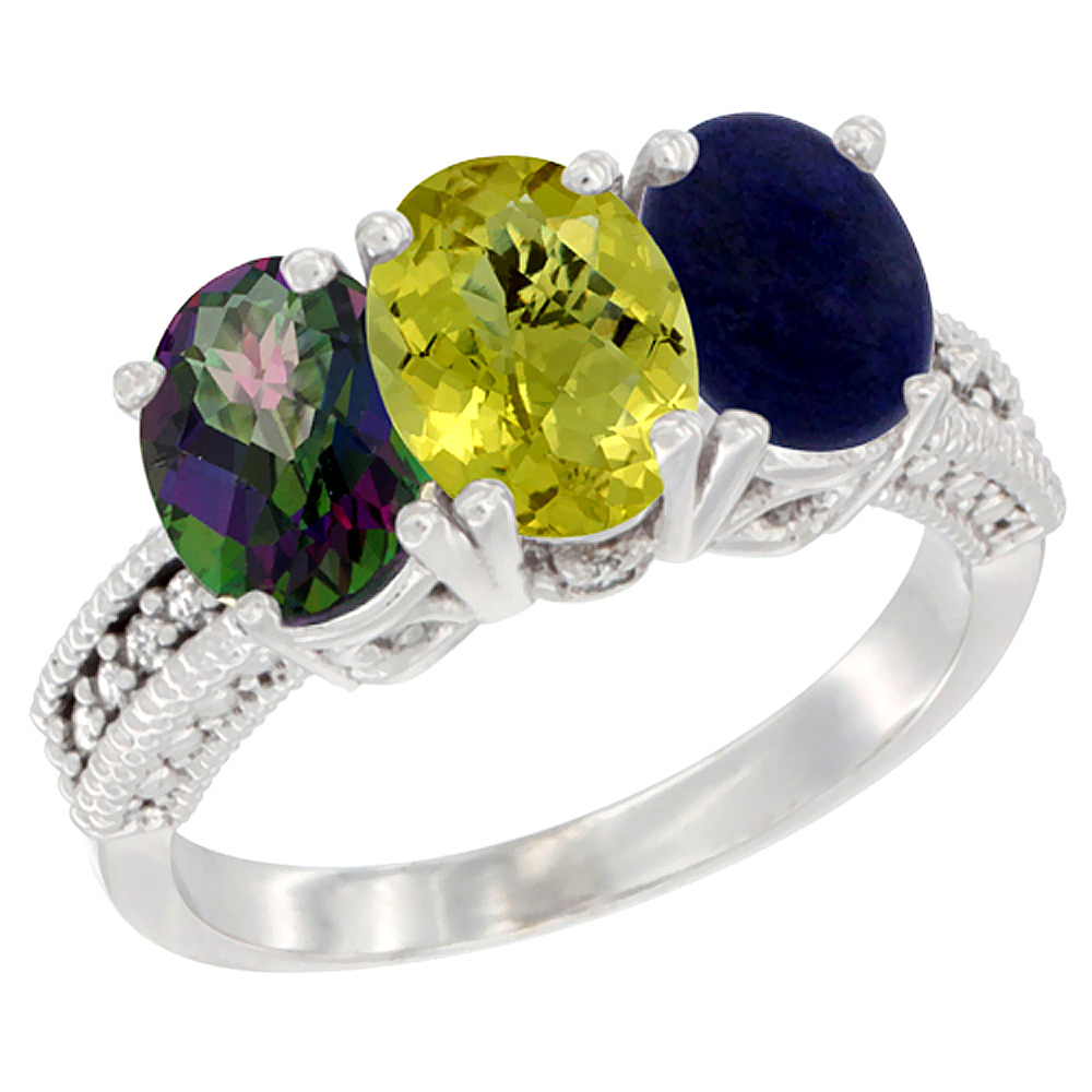 14K White Gold Natural Mystic Topaz, Lemon Quartz & Lapis Ring 3-Stone 7x5 mm Oval Diamond Accent, sizes 5 - 10