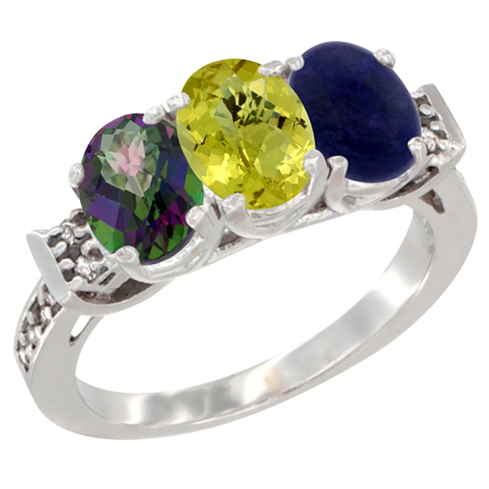 14K White Gold Natural Mystic Topaz, Lemon Quartz & Lapis Ring 3-Stone 7x5 mm Oval Diamond Accent, sizes 5 - 10